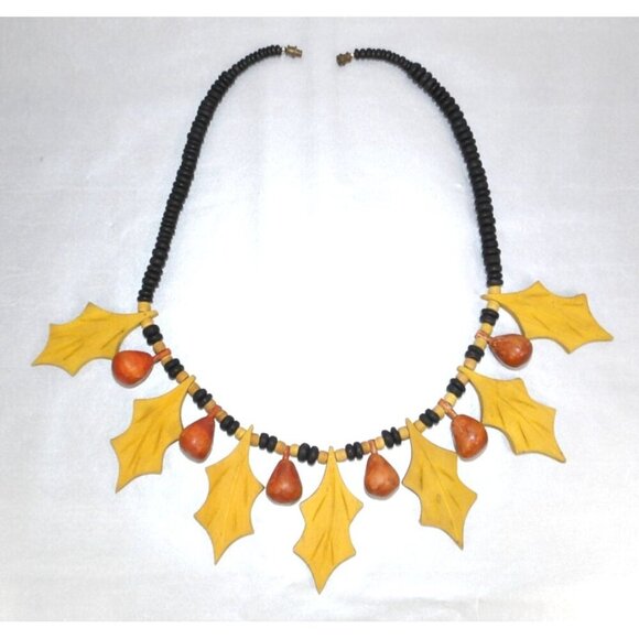Vintage 22" necklace gold & brown wooden beads & leaves fall holiday statement - Picture 2 of 2